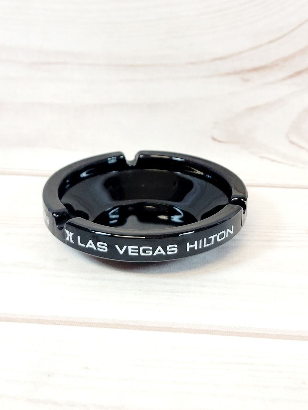 Vintage LAS VEGAS HILTON BLACK GLASS Casino Ashtray Las Vegas Nevada